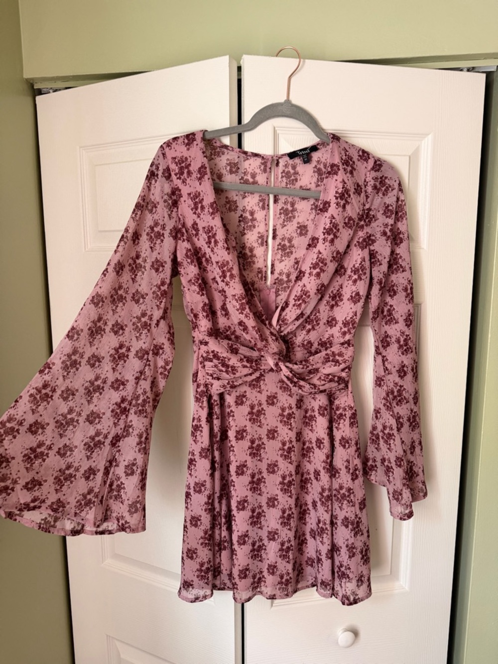 Trixxi Rose Pink Floral Twist-Front Long Sleeve Dress